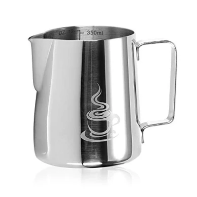 Afbeelding van COM FOUR® melkkan roestvrijstalen om op te schuimen melkopschuimkan 350 ml met tuit en maatverdeling (zilverkleurig 350ml)