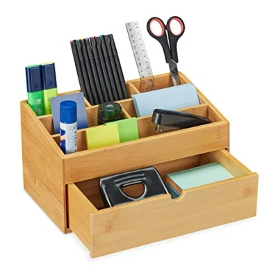 Afbeelding van Relaxdays Bureau organiser bamboe opbergbox desk organizer pennenbak met lade