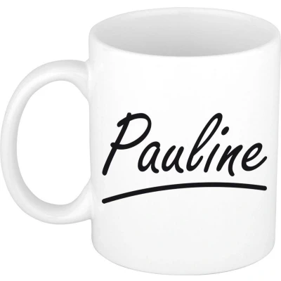 Afbeelding van Pauline voornaam kado beker / mok sierlijke letters gepersonaliseerde met Naam mokken