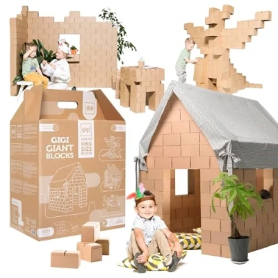 Afbeelding van GIGI Bloks XXL DIY Speelhuis Bouwblokken Voor Kinderen, Gigantisch Kartonnen Montessorispeelgoed, Jumbo Toren &amp; Kasteel Bouwpakket, 203 Blokken, Perfect Geschenk