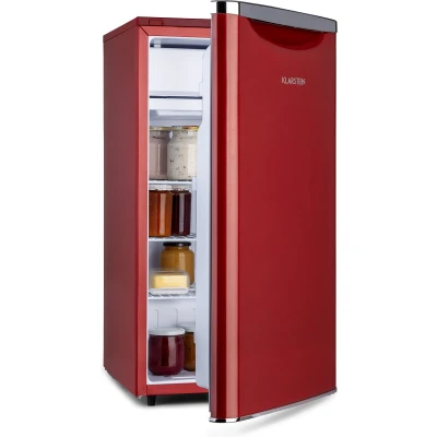 Afbeelding van Klarstein Yummy Koelkast Mini 90 Liter inhoud Vriesvak: 8 Koelkast: 82 Energielabel E 42 dB Semi automatische ontdooifunctie Incl. Lekbak Rood