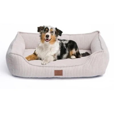 Afbeelding van Orthopedisch hondenbed van corduroy, wasbaar, met waterdichte binnenhoes, voor grote en middelgrote honden, wit (L)