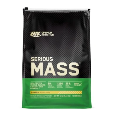 Afbeelding van Optimum Nutrition Serious Mass Proteïnepoeder, Hoog in Calorieën voor Gewichtstoename, met 25 Vitamines en Mineralen, Creatine Monohydraat Glutamine, Bananensmaak, 16 Porties, 5.45 kg