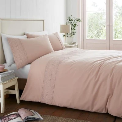 Afbeelding van Catherine Lansfield Broderie Anglaise Eenpersoons Dekbedovertrek Set met Kussensloop Blush Roze