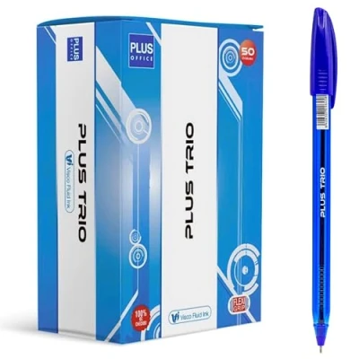 Afbeelding van Plus Office Trio Pack met 50 balpen dop, vloeibare viscose inkt, optimaal voor kantoor, thuis en school, blauw 0,7 mm lijnbreedte (50 blauw)