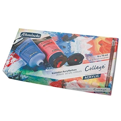 Afbeelding van Schmincke College Acryl, acrylverfset met 8 x 75 ml tubes + 2 da Vinci penselen, 83 7711 097, acrylverf in studiekwaliteit, basisassortiment, zijdemat en lichtecht