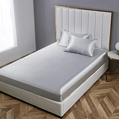 Afbeelding van Damier Satijnen hoeslaken, 90 x 200 cm, grijs met zijdeglans, luxe effen geschikt voor matrassen tot 30 cm hoog