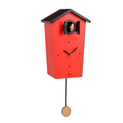Afbeelding van KOOKOO BirdHouse rood, modern design koekoeksklok met 12 inheemse vogelstemmen of koekoek, opnames uit de natuur
