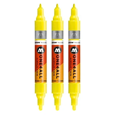 Afbeelding van Molotow One4All acryl Twin Marker (lijndikte 1,5 mm en 4 mm, zeer dekkend permanent) 3 stuks kleur 220 neon geel floureszierend