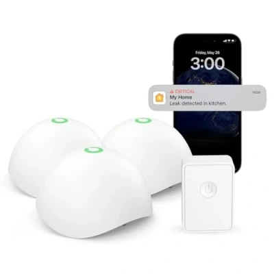 Afbeelding van Meross Smart watermelder 3 stuks voor HomeKit, watersensor met hub, wifi, wateralarm, draadloze overstromingsdetector IP67, tot 60 dB audio alarm keuken, badkamer, kelder