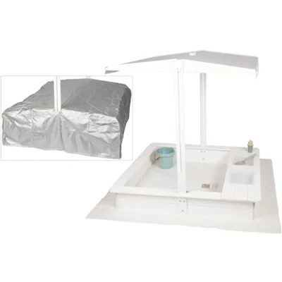 Afbeelding van WONDERMAKE® Design zandbak met modderkeuken, dak, deksel OXFORD 420D, vliesfolie, vierkante houten afsluitbaar buitentuin voor kinderen, wit zilver
