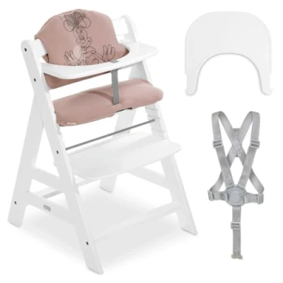 Afbeelding van hauck kinderstoel Alpha Plus Set met zitkussen en eetplank Click Tray meegroeiende kussen dienblad wit Minnie Mouse