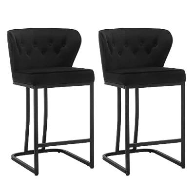 Afbeelding van WOLTU Barkruk 2 delige set, barstoel, bistrokruk, gestoffeerde kruk, barkruk, met grote zitting, rugleuning, voetensteun, fluwelen bekleding, voor bar, keukeneiland eetkamer, zwart,