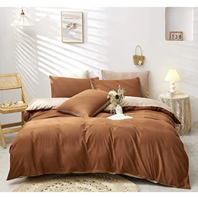 Afbeelding van Damier Beddengoed 220 x 240 cm, karamel, bruin, beige, dekbedovertrek, superzacht, microvezel, 3 delige dekbedovertrekset met ritssluiting en 2 kussenslopen 80 cm
