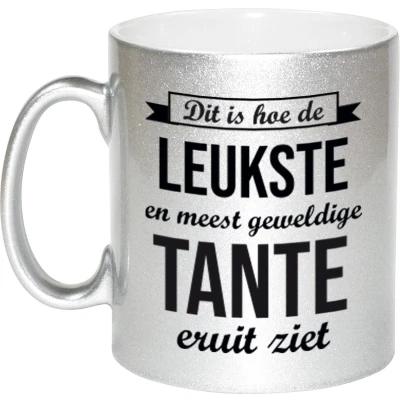 Afbeelding van Leukste en meest geweldige tante cadeau mok / beker zilverglanzend 330 ml feest mokken