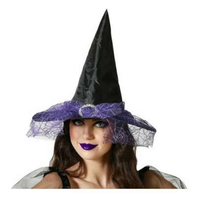 Afbeelding van Halloween heksenhoed met sluier  one size zwart/paars meisjes/dames Verkleedhoofddeksels