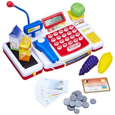 Afbeelding van Simba 104525700 kassa in de supermarkt met scanner, computer, loopband, kaartlezer, maïs, sla, druiven, melk, sinaasappelsap, 16 munten, 13 bankbiljetten, van 36 maanden tot 8 jaar