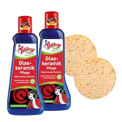 Afbeelding van Poliboy keramische verzorging, verzorging met inbrandbeveiliging, kookplaatreiniger voor glaskeramiek, 2 x 200 ml, spons, Made in Germany
