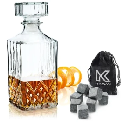 Afbeelding van KADAX Decanter voor dranken, stijlvolle whiskykaraf mannen, klassieke wijnkaraf met uniek design, whiskyfles als cadeau (1 stuk + set koelstenen)