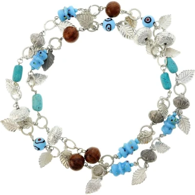 Afbeelding van Behave Lange ketting met bruine en turquoise kralen bladvormige hangers
