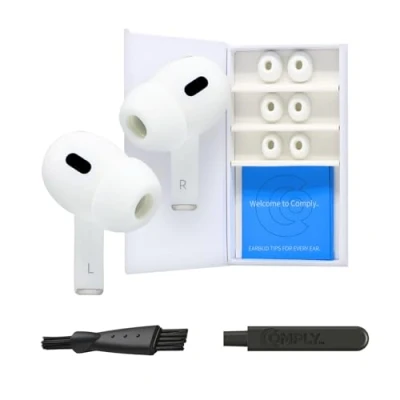 Afbeelding van Comply Premium schuimrubberen oordopjes, compatibel met Apple AirPods Pro Gen 1 &amp; 2, maat M, demontage en reinigingstool, wit, 3 paar, Made in the USA