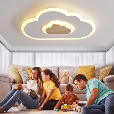 Afbeelding van Plafondlamp LED Moderne kinderlamp woonkamer Kinderkamerlamp Wolkenplafondlamp Hout Traploos dimmen Met afstandsbediening nachtlichtfunctie Slaapkamerplafondlamp,40cm