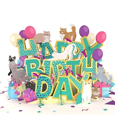Afbeelding van MOKIO® Pop Up Kaart Happy Birthday Katten 3D wenskaart voor een verjaardag, Verjaardagskaart met kat