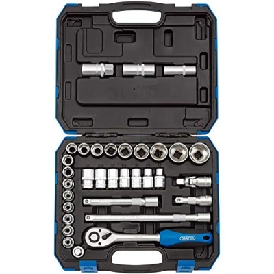 Afbeelding van Draper 33 delige vierkante aandrijving gecombineerde 1/2 inch dopsleutelset met ratel en koffer MM/AF DIY Home Professional &amp; Car Kit