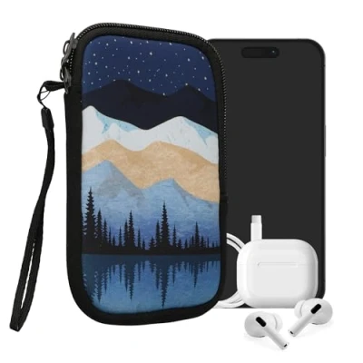 Afbeelding van kwmobile hoesje voor smartphones M 5,5&quot; hoes van Neopreen Sterrenhemel aan meer design wit / lichtbruin donkerblauw binnenmaat 15,2 x 8,3 cm