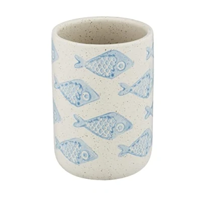 Afbeelding van WENKO Tandenborstelbeker Aquamarin, hoogwaardige tandenborstelhouder voor tandenborstel en tandpasta van edele keramiek in mat wit met blauwe, maritieme scène, handbeschilderd, Ø 8 x 11 cm