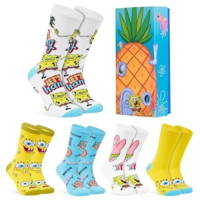Afbeelding van SPONGEBOB SQUAREPANTS Grappige Sokken voor Mannen, 5 pack Swammkopf Kleurrijke Set Mannen (Geel/Multikleurig, 40 45 EU)