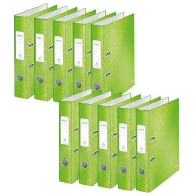 Afbeelding van Leitz Kwaliteitsordner 180, pak van 10, A4, smal, 5,2 cm rugbreedte, gelamineerd grijs karton, groen, WOW serie, 10060054
