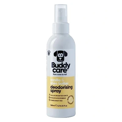 Afbeelding van Buddycare Desodorisatiespray voor honden, vanille en sheaboter, zoete voedende deodorisatiespray met aloë vera Pro vitamine B5 (200 ml, 1 stuks)