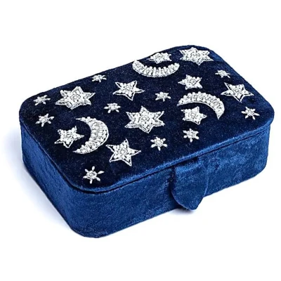 Afbeelding van Sieraden / tarotdoos fluweel donkerblauw met maan en sterren