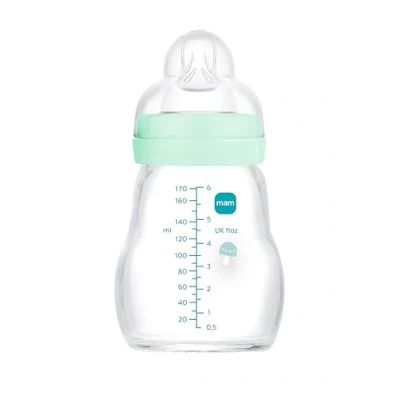 Afbeelding van MAM Feel Good Glazen fles voor pasgeborenen, 0 2 maanden, 170 ml, met 1 speen langzame vloeistof, gemakkelijk aan te nemen, reinigen, Good, blauw, stuk