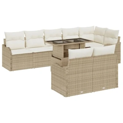 Afbeelding van vidaXL 9 delige Tuin Sofa Set met Kussens Beige Poly Riet, 2 Zits Riet