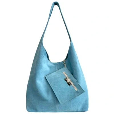 Afbeelding van Modarno schoudertas voor dames, suède, clutch, shopper, in echt leer, Hemelsblauw.