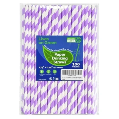 Afbeelding van Lives on Green Paarse gestreepte papieren wegwerp drinkrietjes, 100 stuks, 19,7 x 0,6 cm, onverpakt, voor cocktail, koffie, water