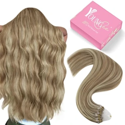 Afbeelding van YoungSee Extensions van echt haar, microring, lichtbruin, microring extensions, 45 cm, haarverlenging, haarextensies, bruin, highlights, platinablond, glad,