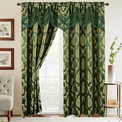 Afbeelding van Elegant Comfort Jacquard Look Gordijnpaneelset met bevestigde waterval Valance, (set van 2), 54 x 84 inch, Hunter Green/Sage