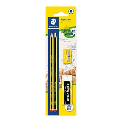 Afbeelding van STAEDTLER Noris 120 SBK 1 Potlodenset 120, gemaakt van Upcycled Wood, hardheid HB, 2 x potloden, gum en puntenslijper, hoge kwaliteit, Made in Germany,