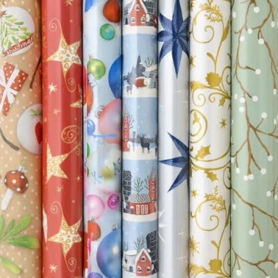 Afbeelding van Benza cadeaupapier Assortiment kerstpapier inpakpapier voor kerst K14 2 meter x 70 cm 7 rollen