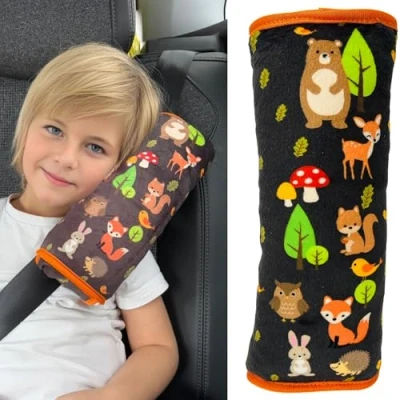 Afbeelding van HECKBO auto slaapkussen voor kinderen machine wasbaar zacht autogordelkussen, gordelbeschermer, gordelkussen, autokussen, reiskussen, vakantie 30x12cm (Bosdieren)