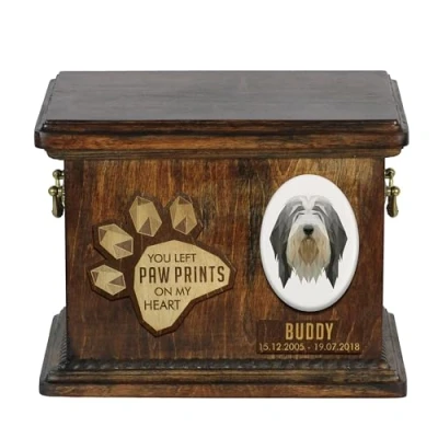 Afbeelding van Art Dog Pet Memorial Urn Handgemaakt koud gegoten bronzen portret op berkenbasis Gepersonaliseerde hondencrematiedoos 8,3x11,4x8,7 Bebaarde collies