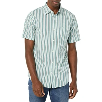 Afbeelding van Amazon Essentials Heren Slim Fit Poplin Shirt met korte mouwen, Aqua Blauw Wit Verticale Streep, XX Large