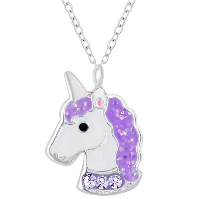 Afbeelding van JoyS Zilveren eenhoorn hanger met ketting 36 cm + 5 unicorn paars glitter
