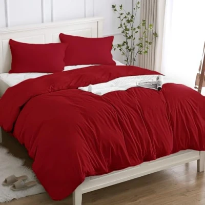 Afbeelding van Dekbedovertrek voor eenpersoonsbed, 100% katoen, 155 x 200 cm (1 kussensloop 50 80), beddengoedset van premium 150 g/m², Oeko Tex, zacht, ademend, hypoallergeen, rood