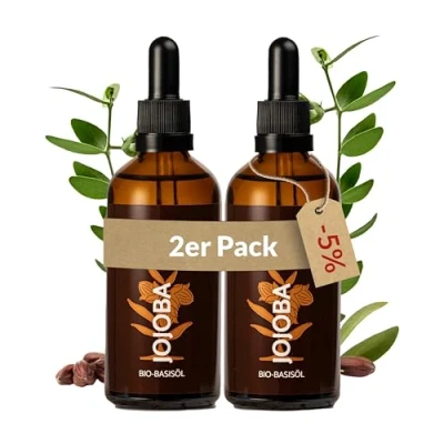 Afbeelding van Heldengrün® Biologische jojoba olie [Gold ESSENCE] gecertificeerde natuurlijke cosmetica voor gezicht, haar en nagels 100% zuivere gezichtsolie 2 x 100 ml