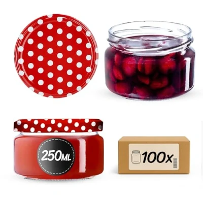 Afbeelding van KADAX kleine inmaakpotten, 250 ml, jampotten met deksel, luchtdichte potten om cadeau te geven, voor honing en specerijen (100 stuks, rood gestippeld)