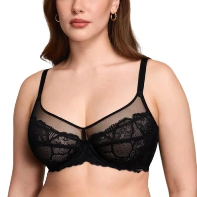 Afbeelding van DOBREVA Dames Kant Minimizer BH met beugel Grote Borsten Sexy Volledige cups Ongevoerd zwart 80E